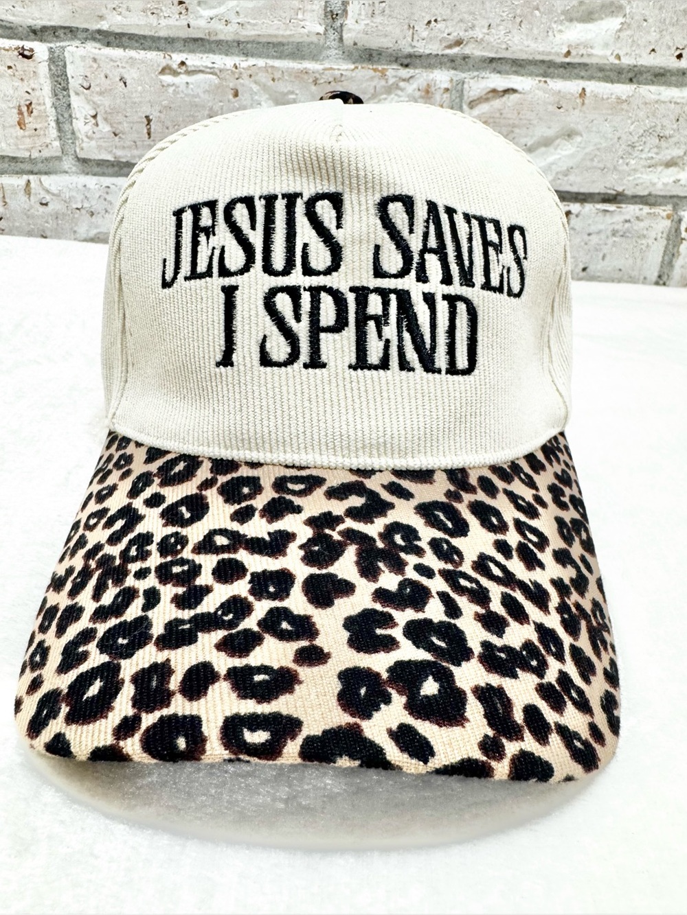 Cream Leopard Bill Cap with 'Jesus Saves I Spend' Embroidery Trucker Hat